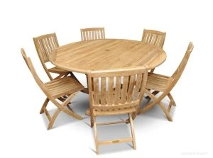 Teak Outdoor Dining Set for 6 - 8 Guests - Round Table (60in) and 6 Folding Teak Chairs | GOLDENTEAK