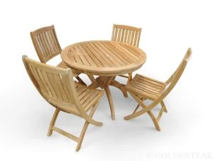 Teak Patio Set for 4 - Round Pedestal table, 4 Providence Folding Side Chairs