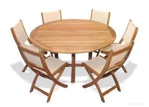 Teak Outdoor Dining Set 60in round table and 6 Sling  Side Chairs - Choose Color/Material