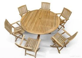 Teak Dining Set for 6 - Round table and 6 Teak Folding Chairs with arms.